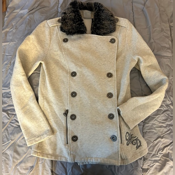 Harley-Davidson Light Beige Pea Coat with Faux Fur Collar - Picture 9 of 9